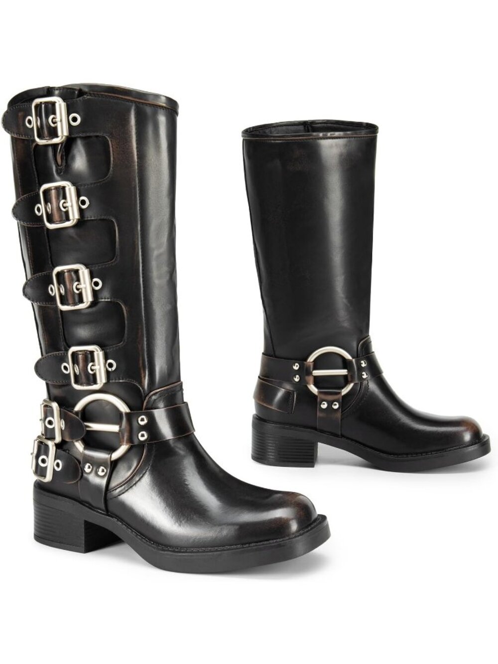 Women's Black/Brown Faux Leather Adjustable Buckles Chunky Heel Knee High Boots - Picture 6 of 6